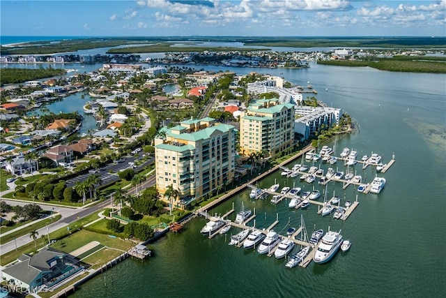 bird's eye view with a water view