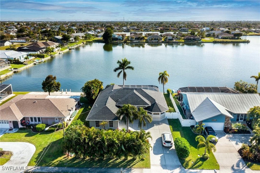 drone / aerial view featuring a water view