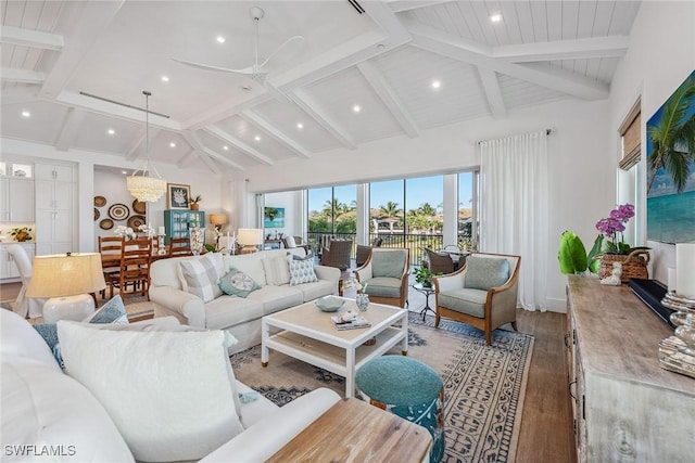 living room featuring high vaulted ceiling, wood-type flooring, and beamed ceiling