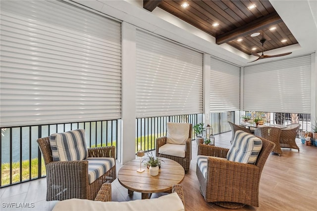 sunroom featuring beam ceiling and wooden ceiling