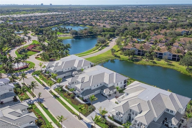 drone / aerial view with a water view