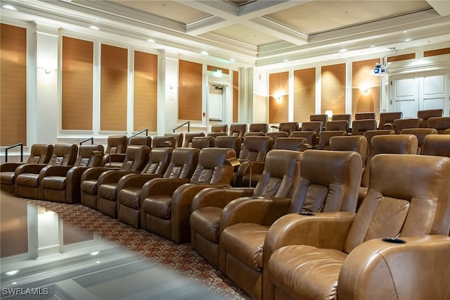 home theater room featuring coffered ceiling, beamed ceiling, and ornamental molding