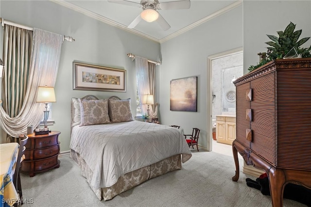 carpeted bedroom with crown molding, ceiling fan, and ensuite bathroom