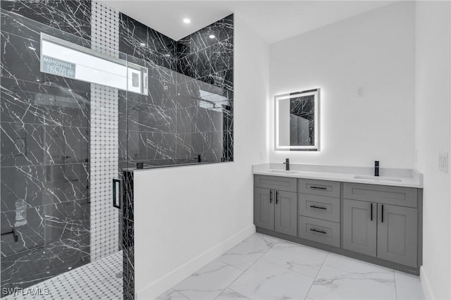 bathroom featuring walk in shower and vanity