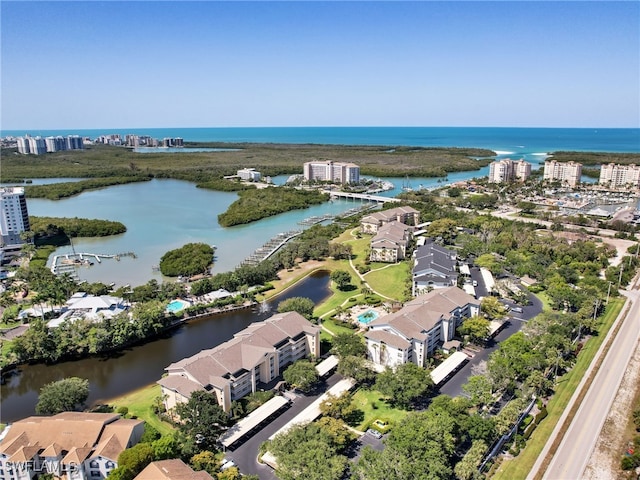 drone / aerial view with a water view