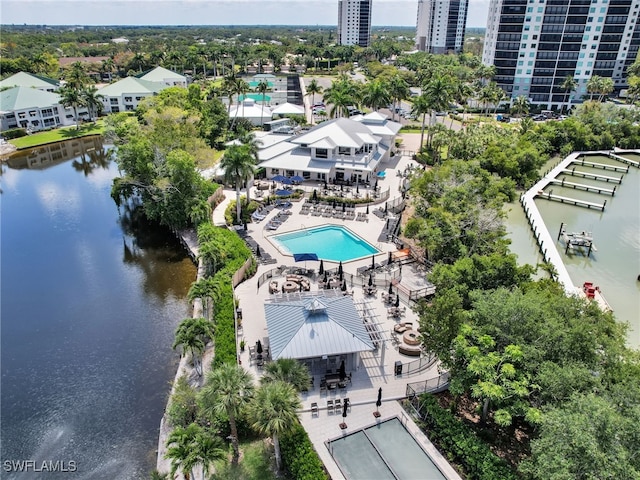 drone / aerial view featuring a water view