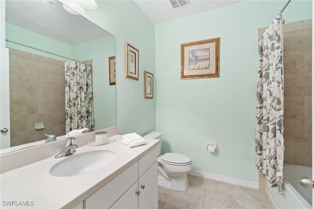 full bathroom with vanity, shower / tub combo, tile patterned floors, and toilet