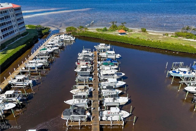 bird's eye view with a water view