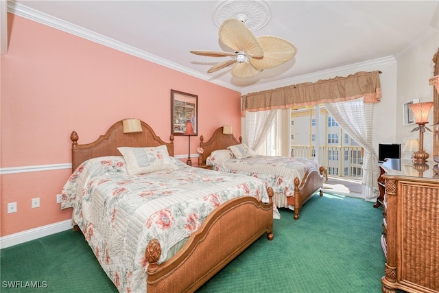 carpeted bedroom featuring ceiling fan, ornamental molding, and access to exterior