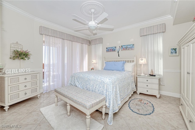 tiled bedroom featuring crown molding and ceiling fan