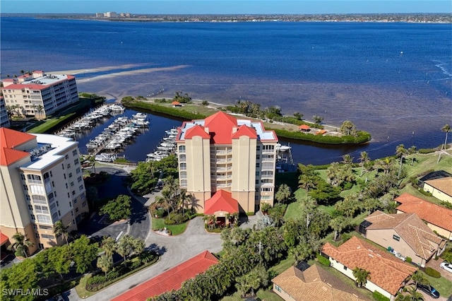 bird's eye view with a water view