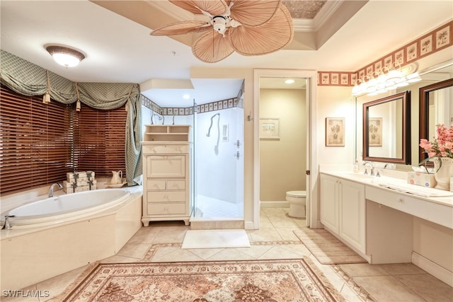 full bathroom with shower with separate bathtub, ornamental molding, vanity, toilet, and tile patterned floors