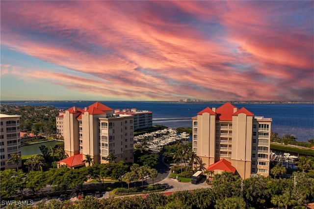 outdoor building at dusk with a water view