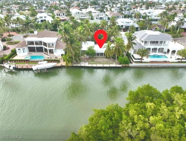 aerial view featuring a water view