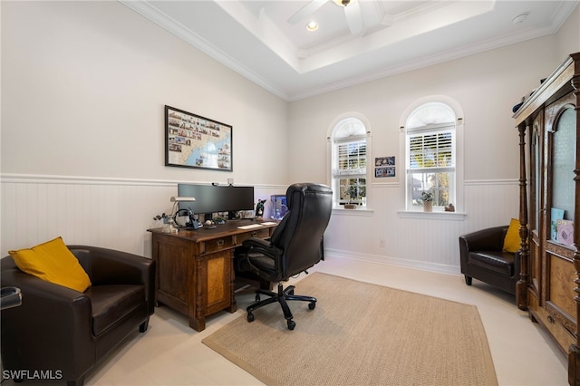 office space with ornamental molding and ceiling fan