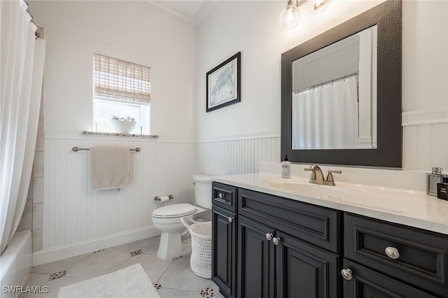 full bathroom featuring shower / tub combo with curtain, vanity, toilet, crown molding, and tile patterned floors