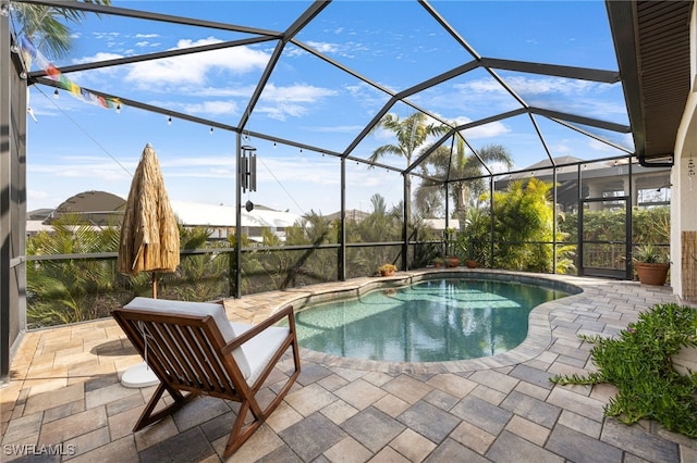 view of swimming pool with a lanai and a patio