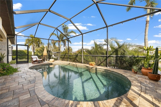 view of swimming pool featuring a patio area and glass enclosure