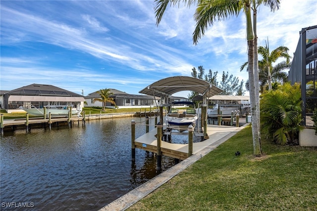 dock area featuring a yard and a water view