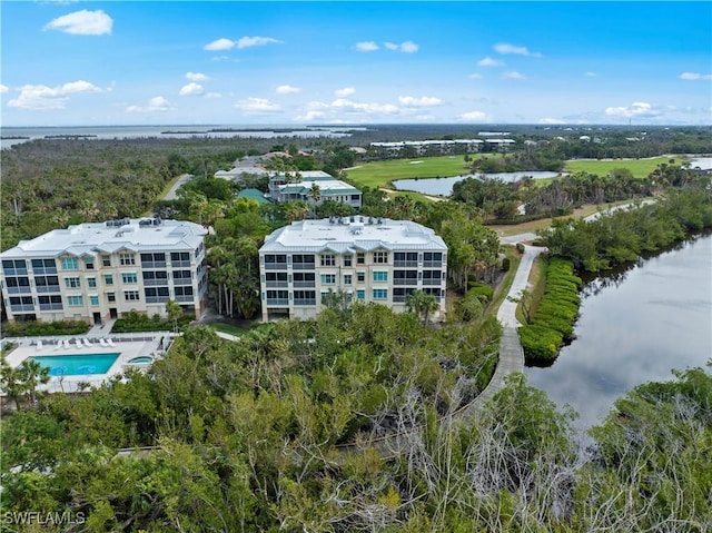 drone / aerial view featuring a water view