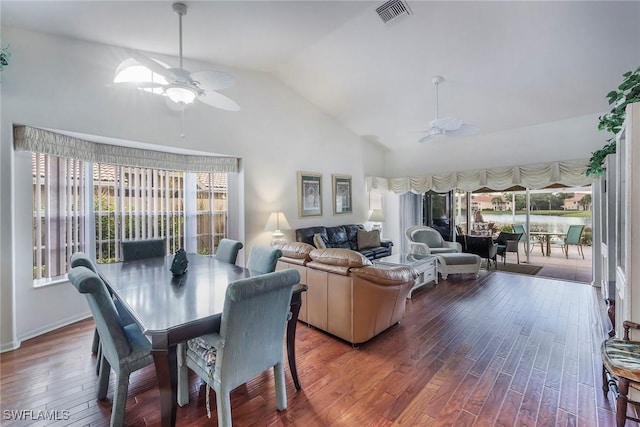 dining space with ceiling fan, hardwood / wood-style floors, and a healthy amount of sunlight