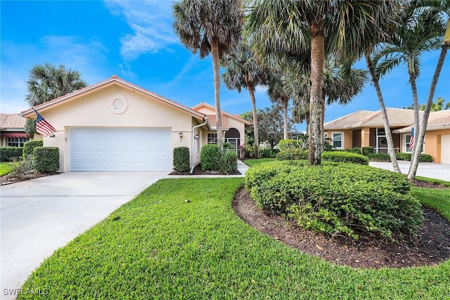 ranch-style house with a front yard and a garage