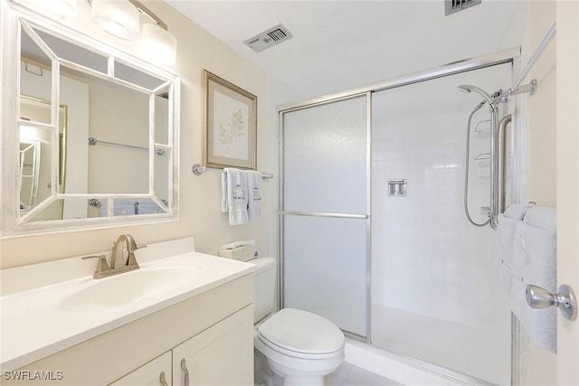 bathroom featuring visible vents, vanity, toilet, and a shower stall