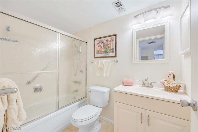 bathroom with visible vents, enclosed tub / shower combo, toilet, and vanity