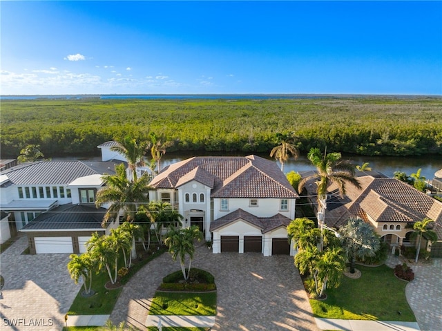 bird's eye view with a water view