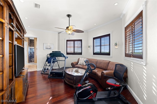 living room with dark hardwood / wood-style flooring, crown molding, and ceiling fan