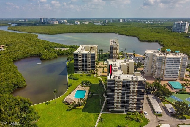 drone / aerial view featuring a water view