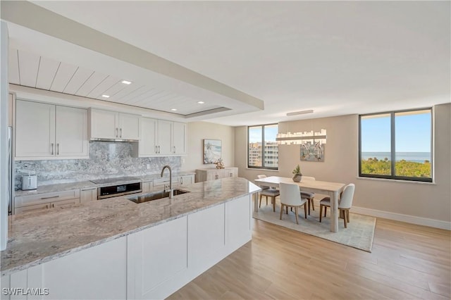 kitchen with sink, white cabinetry, tasteful backsplash, light stone countertops, and light hardwood / wood-style floors