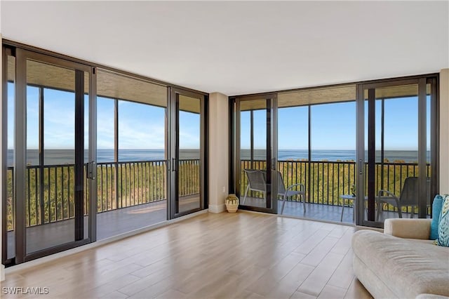 unfurnished sunroom featuring a water view