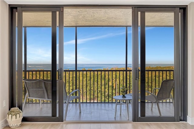 interior space featuring expansive windows and a water view