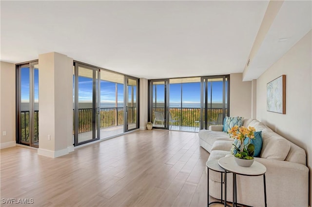 living room with light hardwood / wood-style flooring and a wall of windows