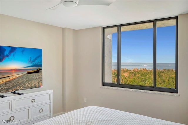 bedroom featuring a water view