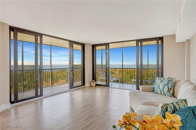 living room featuring a wealth of natural light, a wall of windows, light hardwood / wood-style floors, and a water view