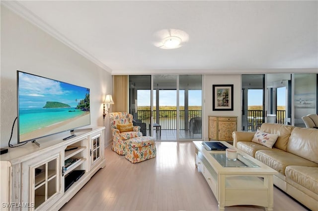 living room featuring a water view, a wall of windows, crown molding, and light wood-type flooring