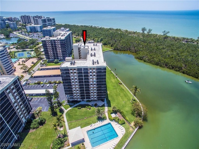 drone / aerial view featuring a water view