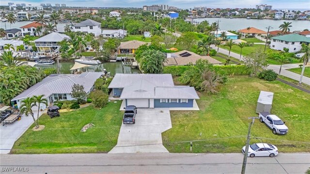 aerial view featuring a water view