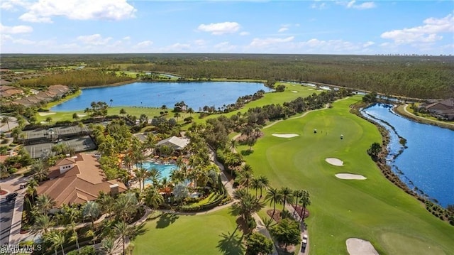 bird's eye view with golf course view and a water view