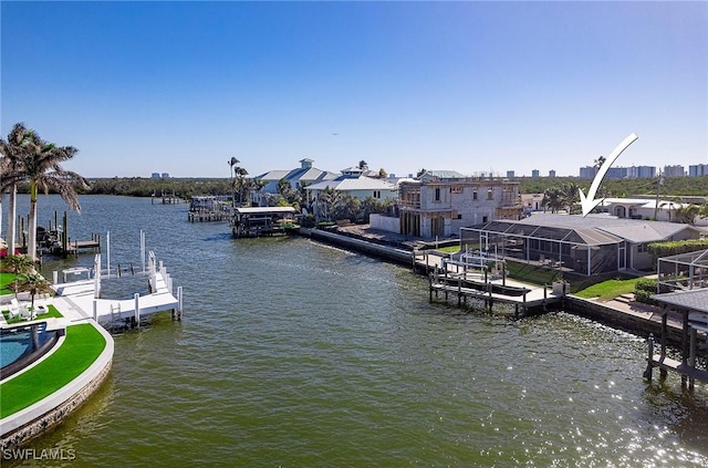 view of dock with a water view