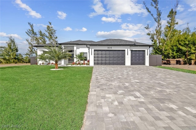 view of front of house featuring a front yard and a garage