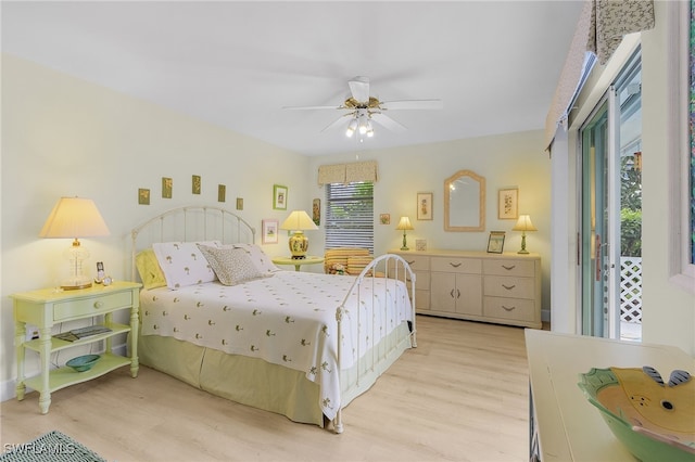 bedroom featuring ceiling fan and light hardwood / wood-style flooring