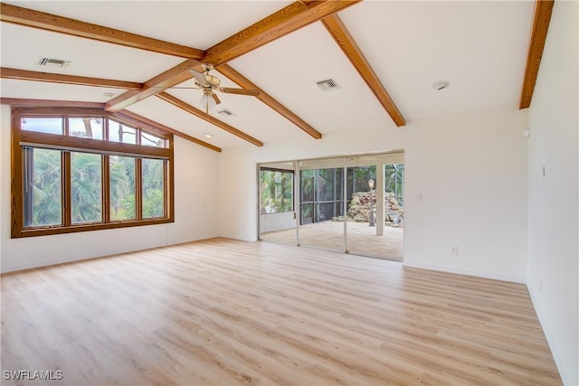 unfurnished living room featuring ceiling fan, light hardwood / wood-style floors, and lofted ceiling with beams