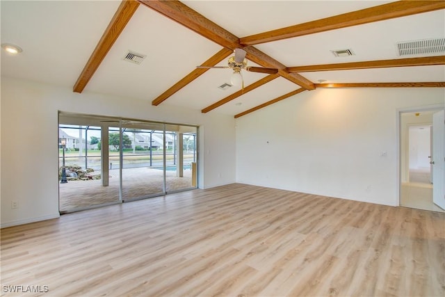 spare room featuring ceiling fan, high vaulted ceiling, beam ceiling, and light hardwood / wood-style flooring