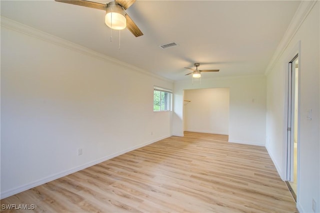 unfurnished room featuring ornamental molding, ceiling fan, and light hardwood / wood-style floors