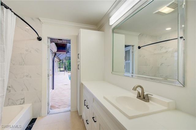 bathroom with crown molding, shower / tub combo with curtain, vanity, and tile patterned floors