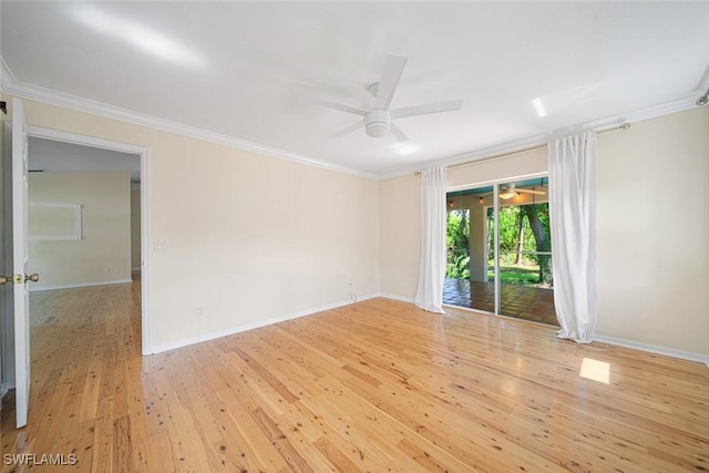 unfurnished room with ceiling fan, crown molding, and light hardwood / wood-style flooring