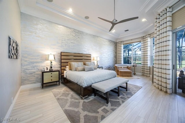 bedroom with ceiling fan and ornamental molding